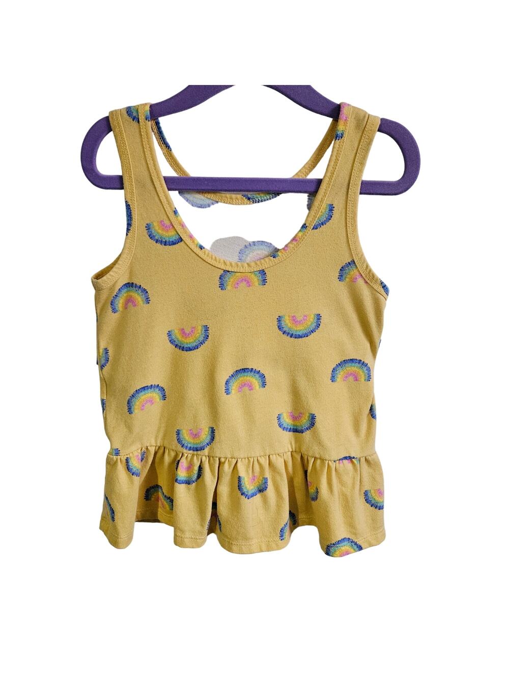 Girls Size M Pastel Yellow Peplum Ruffle Tank Top Rainbow Print Preppy